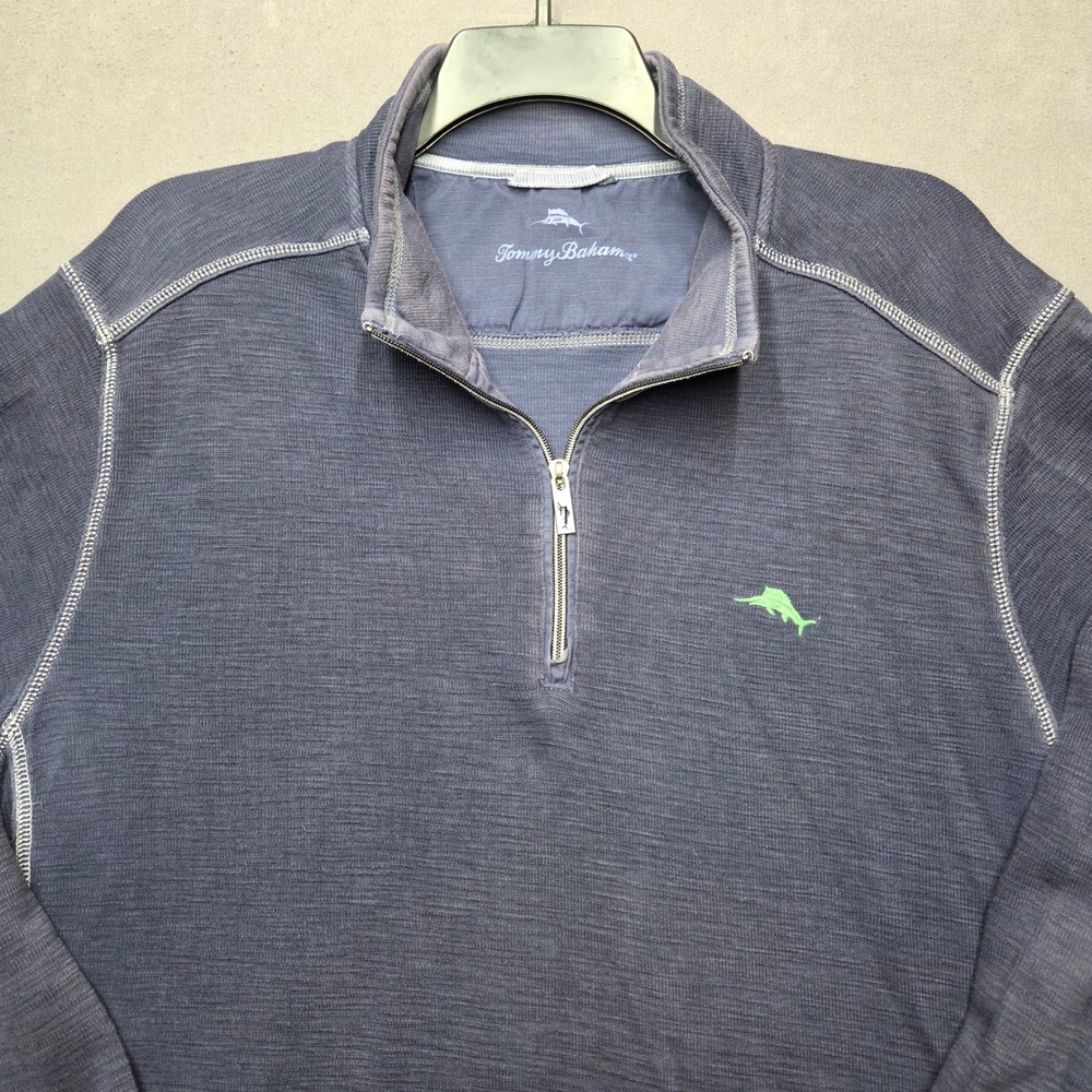 Tommy Bahama Mens XXL Quarter Zip Pullover Navy Blue Slub Knit Marlin Logo